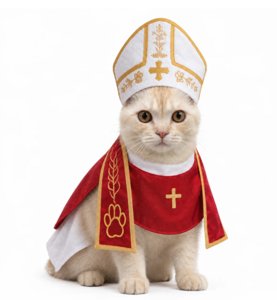 Black cat wearing a nun costume with white veil, black-and-white bib, and flat black fabric cross